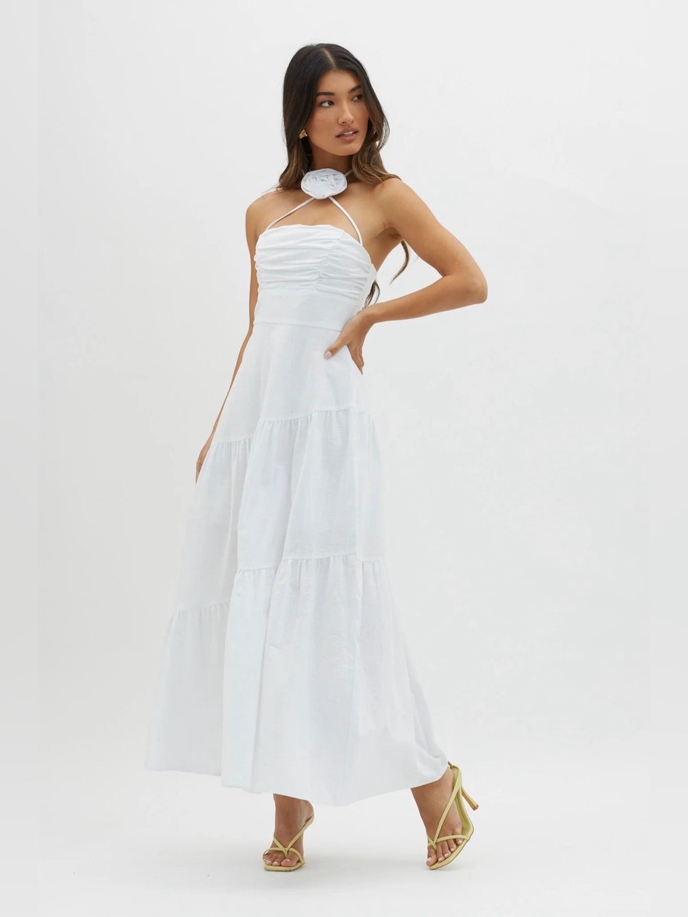 Women's White Halter Tiered Maxi Dress
